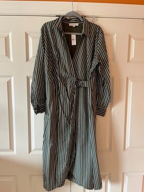LOFT Olive & White Striped Wrap Shirtdress